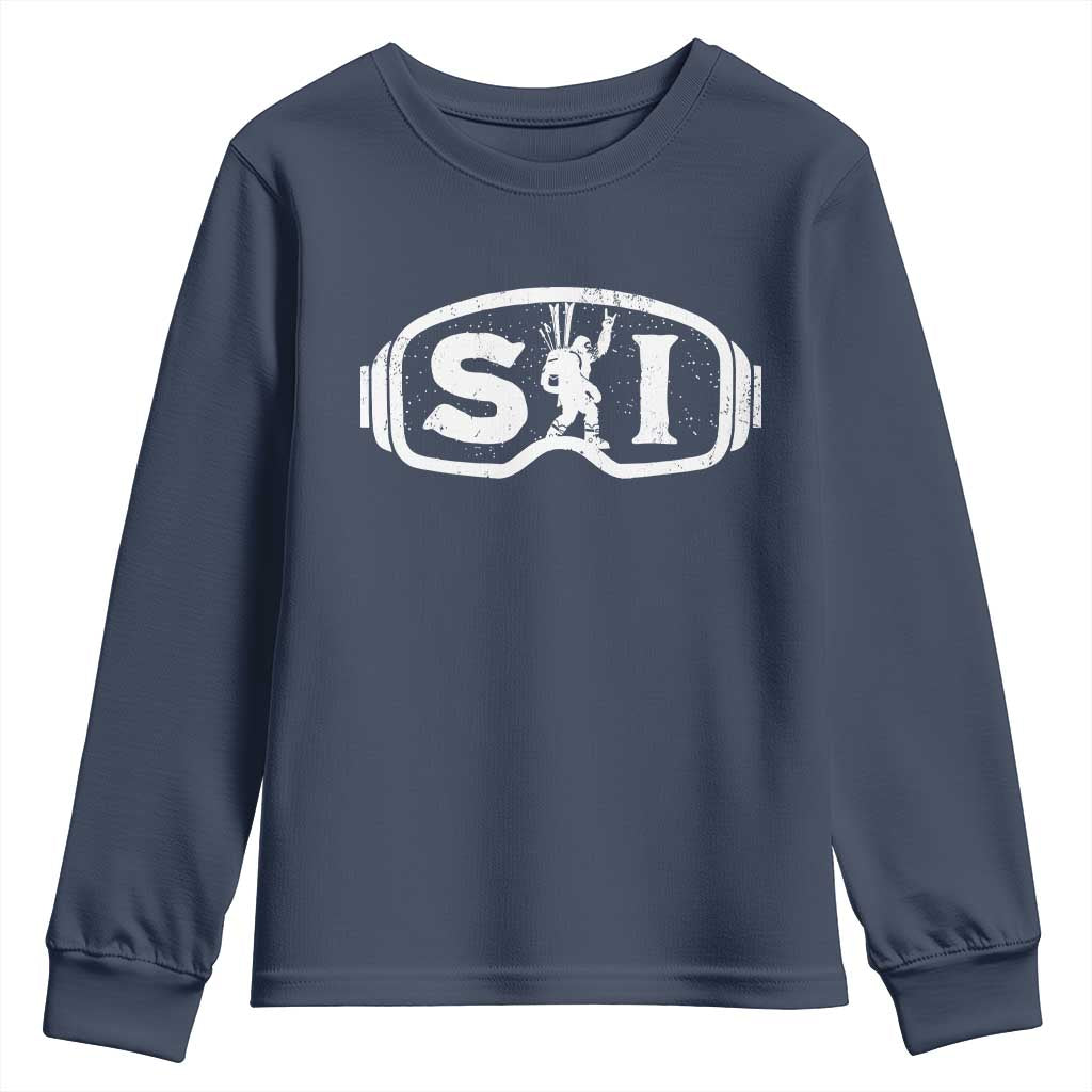 Bigfoot Skiing Youth Sweatshirt Sasquatch Goggles Skiing Snow Ski Lover Skier TS10 Navy Print Your Wear