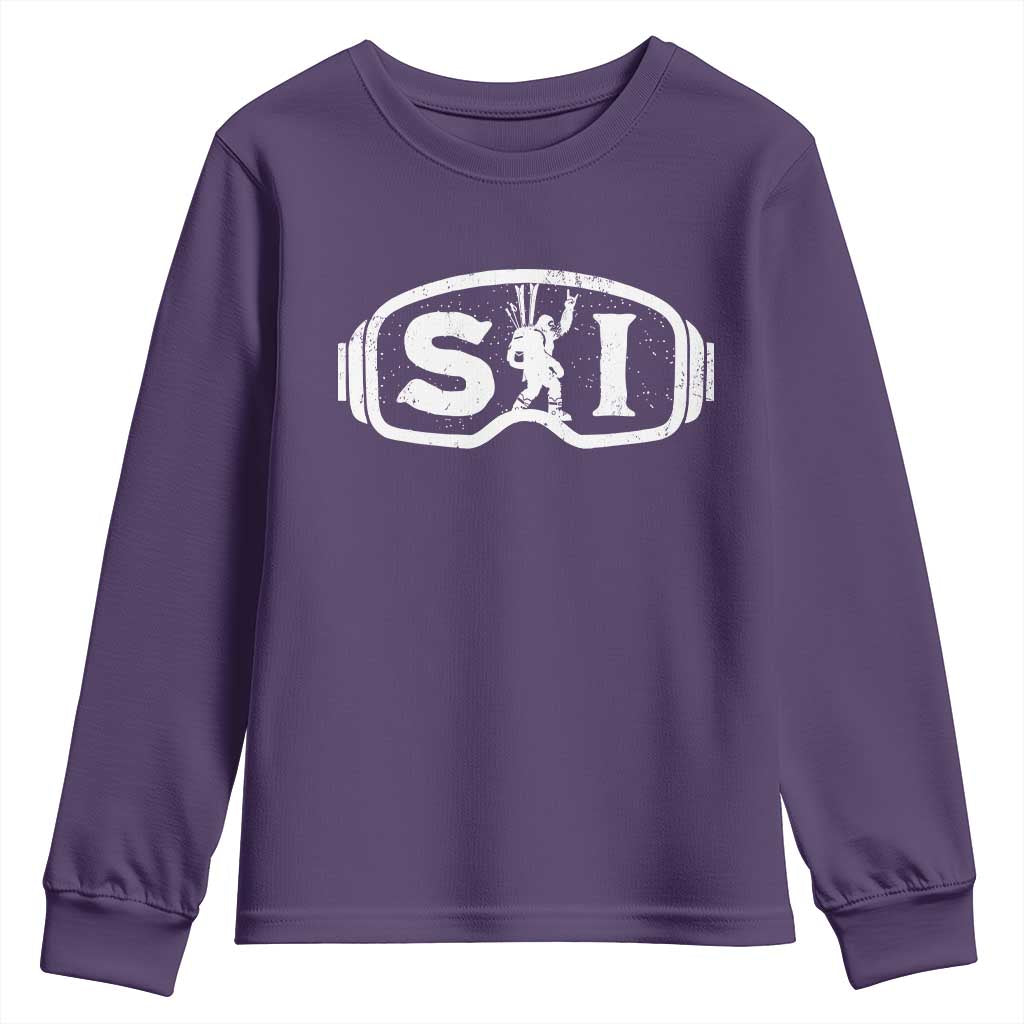 Bigfoot Skiing Youth Sweatshirt Sasquatch Goggles Skiing Snow Ski Lover Skier TS10 Purple Print Your Wear