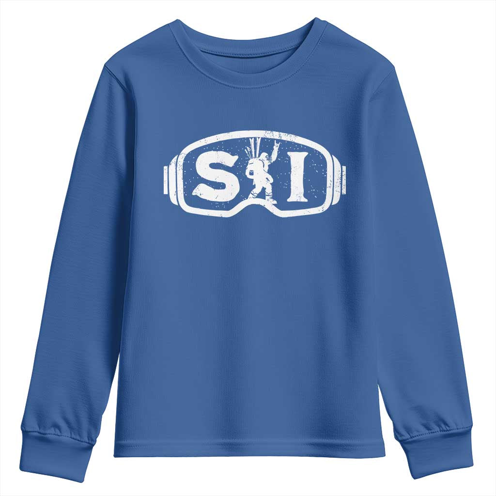 Bigfoot Skiing Youth Sweatshirt Sasquatch Goggles Skiing Snow Ski Lover Skier TS10 Royal Blue Print Your Wear