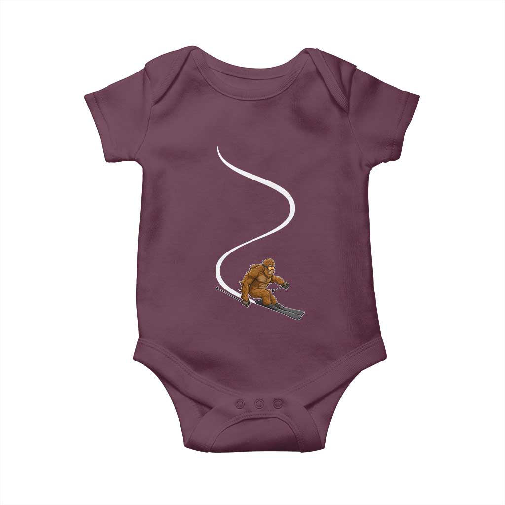 Bigfoot Skiing Baby Onesie Funny Sasquatch Ski Lover Mountain Skier Winter Sports TS10 Maroon Print Your Wear