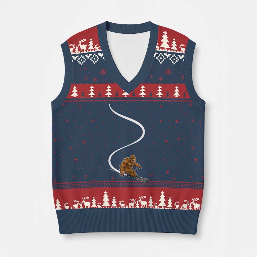 Bigfoot Skiing V-Neck Knit Sweater Vest Funny Sasquatch Ski Lover Mountain Skier Winter Sports TS10 Navy Red Print Your Wear