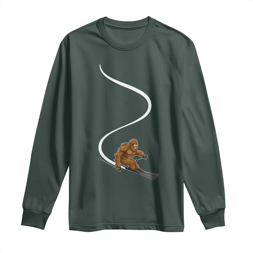 Bigfoot Skiing Long Sleeve Shirt Funny Sasquatch Ski Lover Mountain Skier Winter Sports TS10 Dark Forest Green Print Your Wear