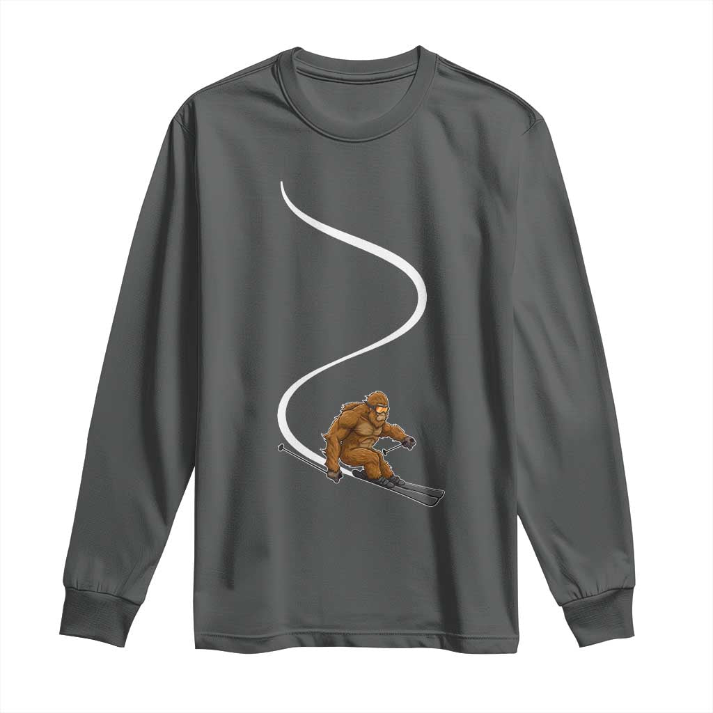 Bigfoot Skiing Long Sleeve Shirt Funny Sasquatch Ski Lover Mountain Skier Winter Sports TS10 Dark Heather Print Your Wear