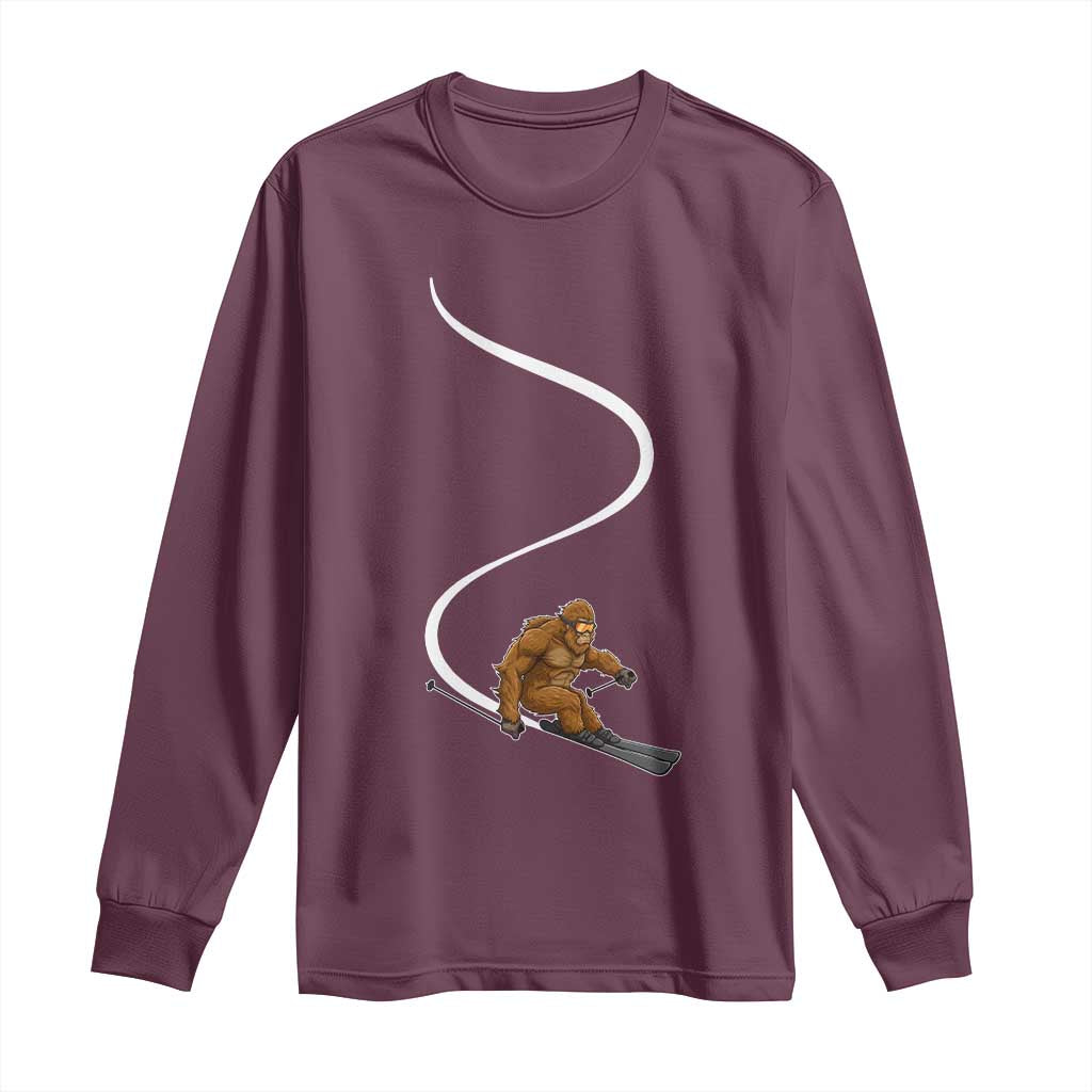 Bigfoot Skiing Long Sleeve Shirt Funny Sasquatch Ski Lover Mountain Skier Winter Sports TS10 Maroon Print Your Wear