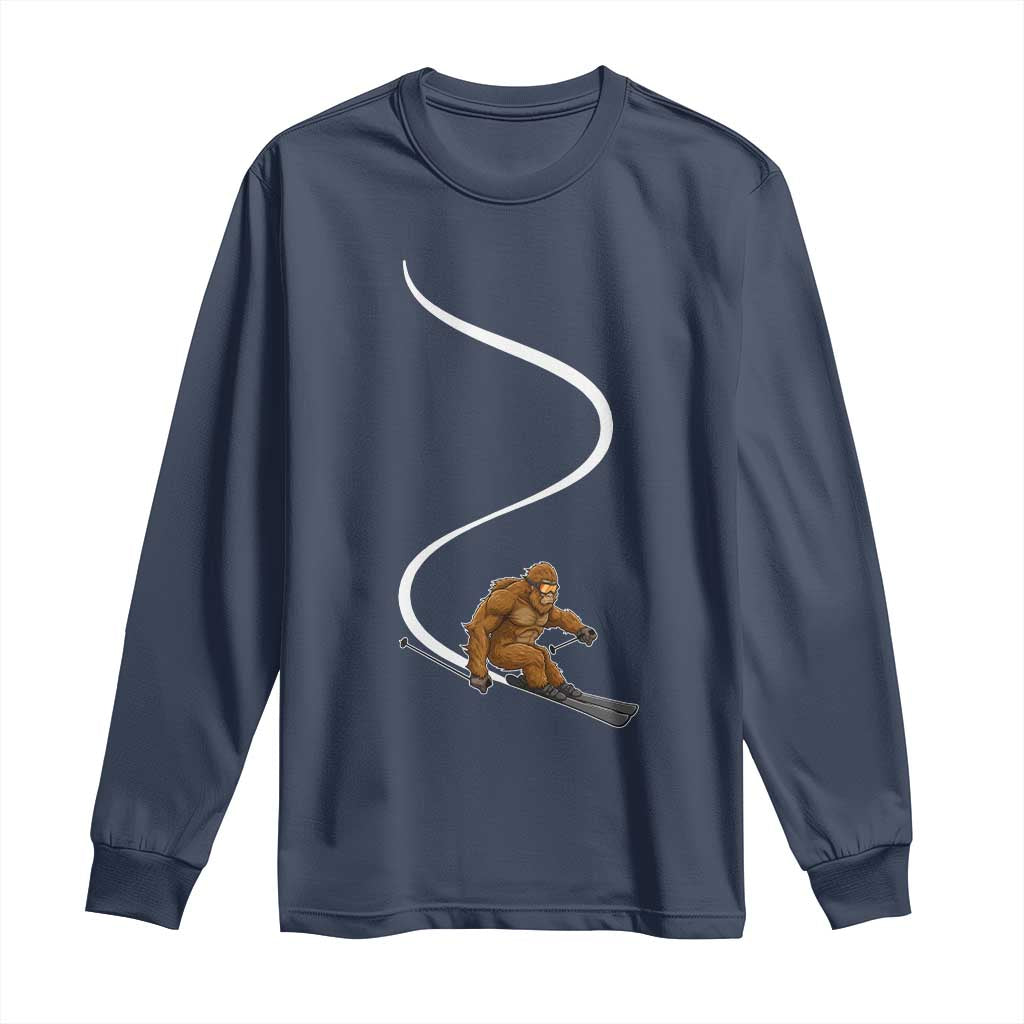 Bigfoot Skiing Long Sleeve Shirt Funny Sasquatch Ski Lover Mountain Skier Winter Sports TS10 Navy Print Your Wear