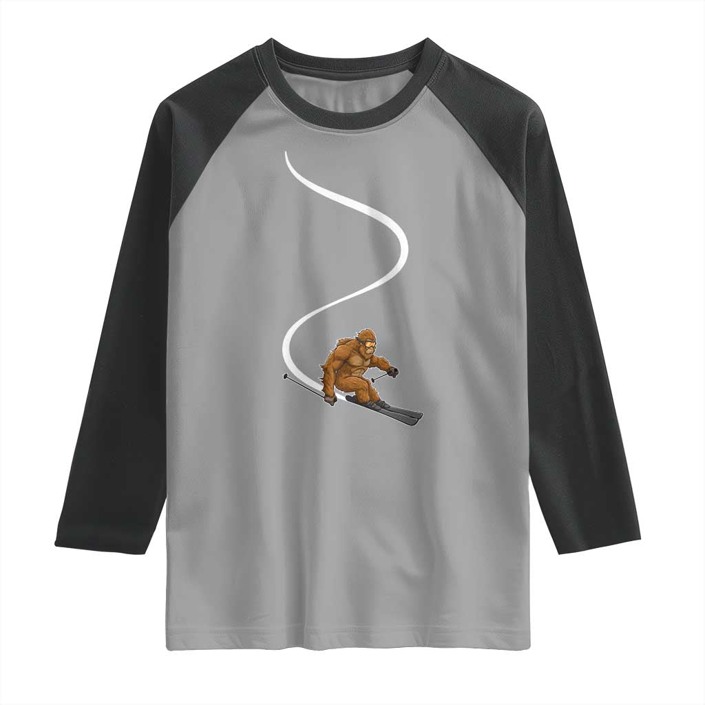 Bigfoot Skiing Raglan Shirt Funny Sasquatch Ski Lover Mountain Skier Winter Sports TS10 Sport Gray Black Print Your Wear