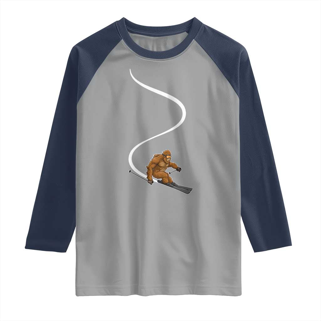 Bigfoot Skiing Raglan Shirt Funny Sasquatch Ski Lover Mountain Skier Winter Sports TS10 Sport Gray Navy Print Your Wear