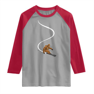 Bigfoot Skiing Raglan Shirt Funny Sasquatch Ski Lover Mountain Skier Winter Sports TS10 Sport Gray Red Print Your Wear