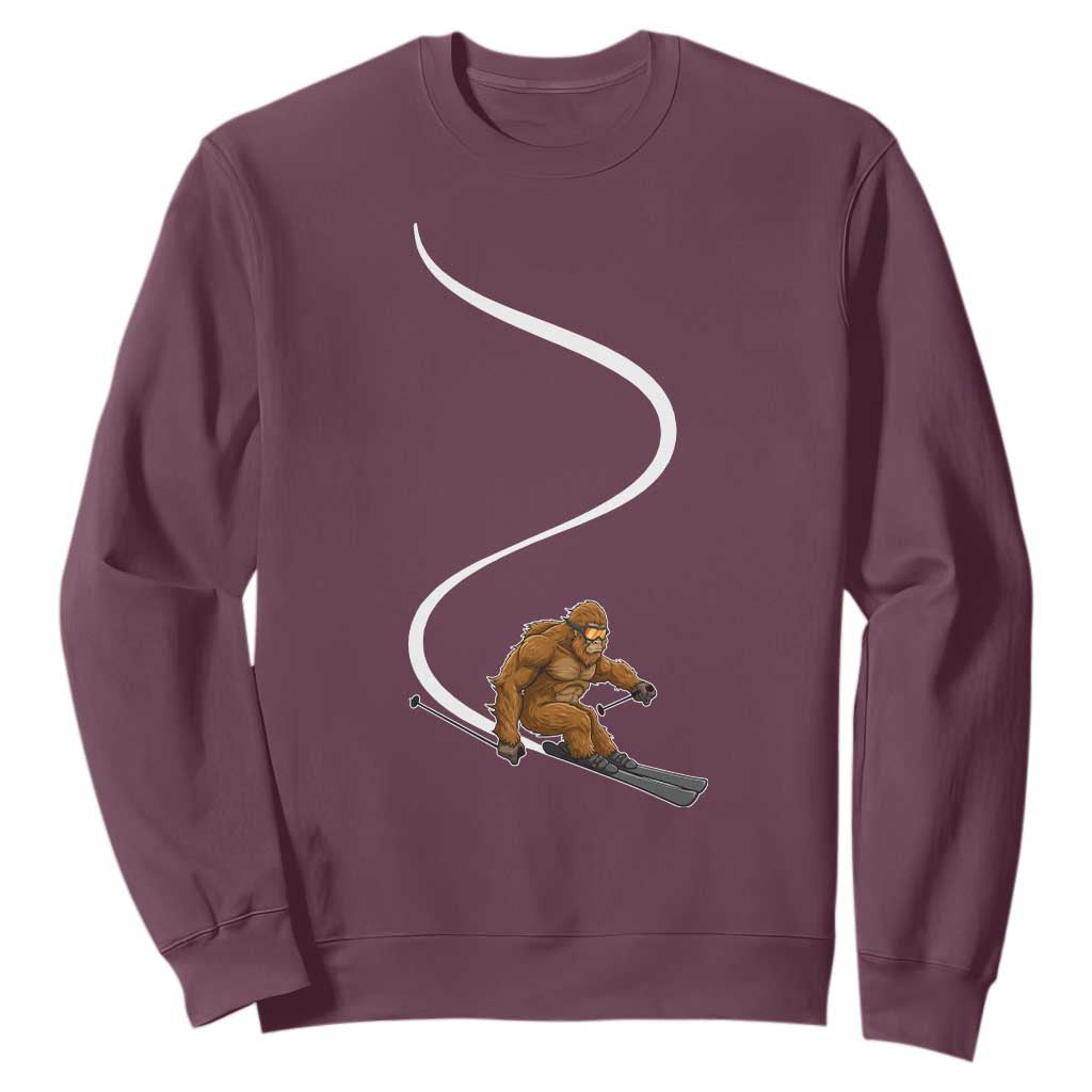 Bigfoot Skiing Sweatshirt Funny Sasquatch Ski Lover Mountain Skier Winter Sports TS10 Maroon Print Your Wear