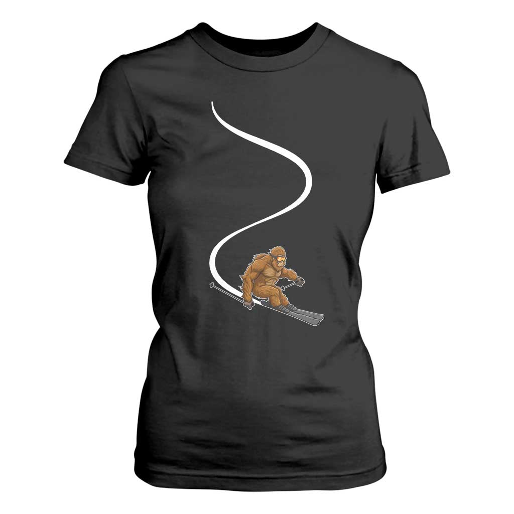 Bigfoot Skiing T Shirt For Women Funny Sasquatch Ski Lover Mountain Skier Winter Sports TS10 Black Print Your Wear
