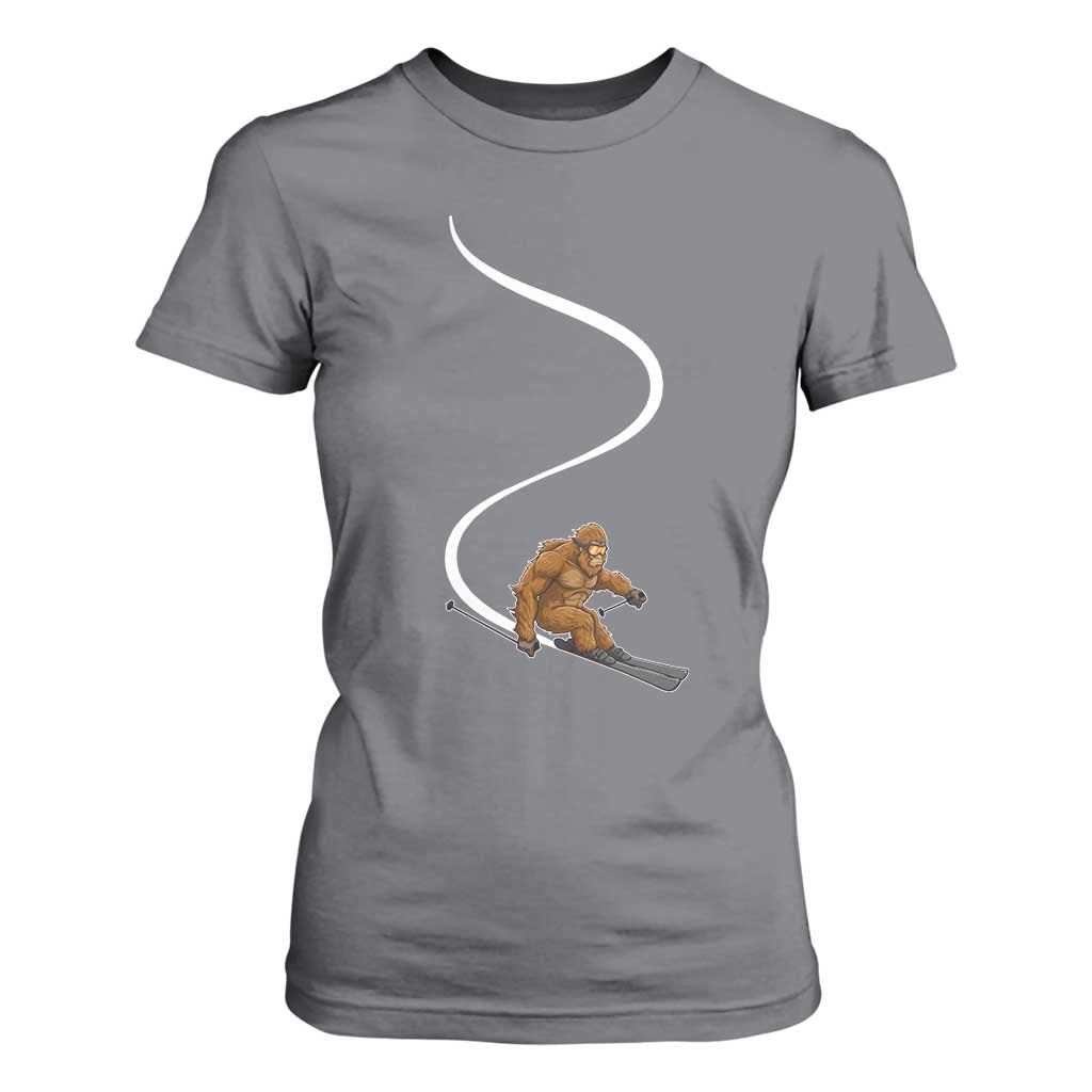 Bigfoot Skiing T Shirt For Women Funny Sasquatch Ski Lover Mountain Skier Winter Sports TS10 Charcoal Print Your Wear