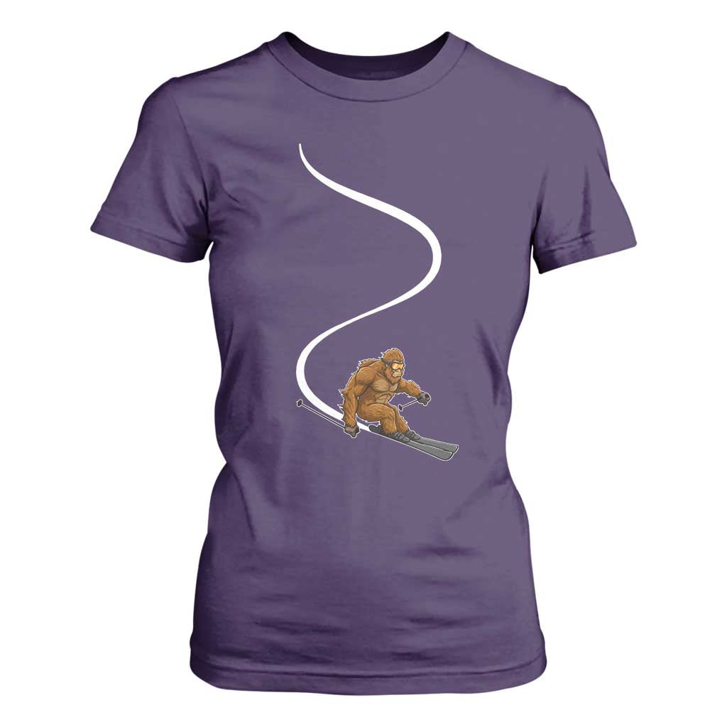 Bigfoot Skiing T Shirt For Women Funny Sasquatch Ski Lover Mountain Skier Winter Sports TS10 Purple Print Your Wear