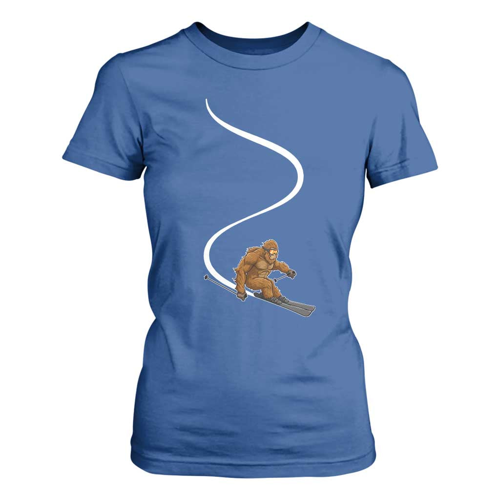 Bigfoot Skiing T Shirt For Women Funny Sasquatch Ski Lover Mountain Skier Winter Sports TS10 Royal Blue Print Your Wear