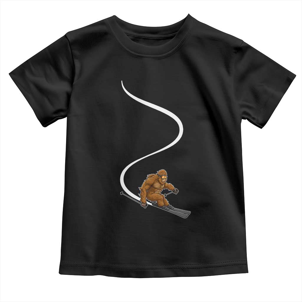 Bigfoot Skiing Toddler T Shirt Funny Sasquatch Ski Lover Mountain Skier Winter Sports TS10 Black Print Your Wear