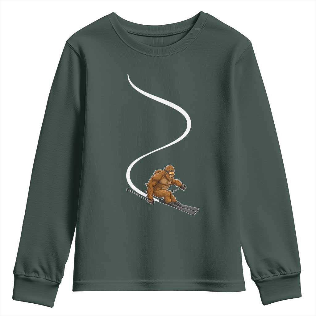 Bigfoot Skiing Youth Sweatshirt Funny Sasquatch Ski Lover Mountain Skier Winter Sports TS10 Dark Forest Green Print Your Wear