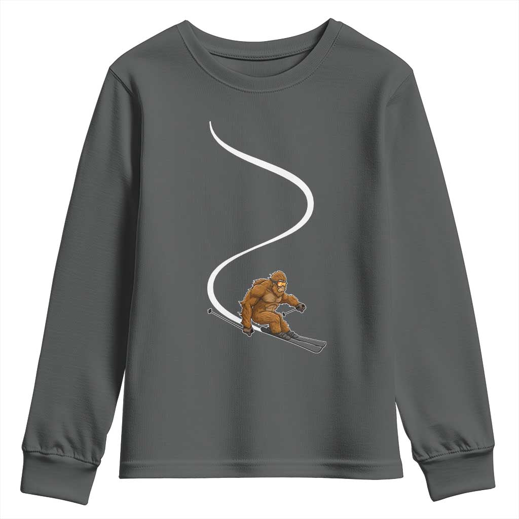 Bigfoot Skiing Youth Sweatshirt Funny Sasquatch Ski Lover Mountain Skier Winter Sports TS10 Dark Heather Print Your Wear