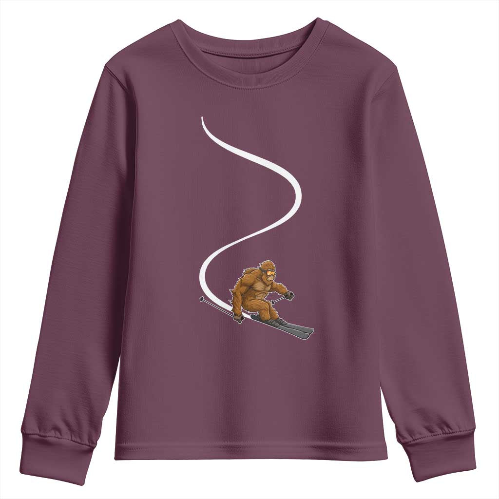 Bigfoot Skiing Youth Sweatshirt Funny Sasquatch Ski Lover Mountain Skier Winter Sports TS10 Maroon Print Your Wear