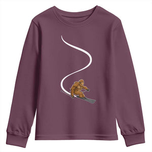 Bigfoot Skiing Youth Sweatshirt Funny Sasquatch Ski Lover Mountain Skier Winter Sports TS10 Maroon Print Your Wear