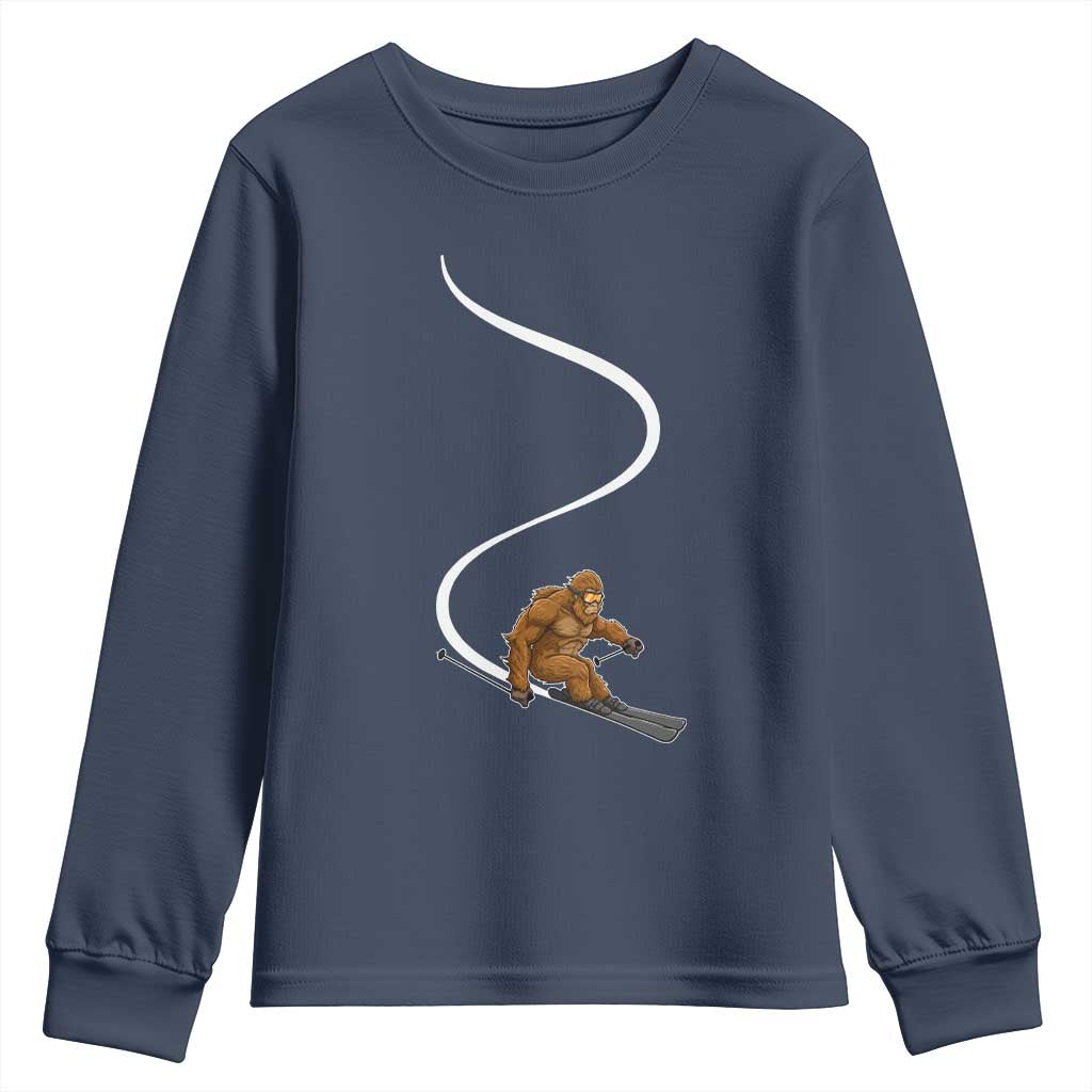 Bigfoot Skiing Youth Sweatshirt Funny Sasquatch Ski Lover Mountain Skier Winter Sports TS10 Navy Print Your Wear