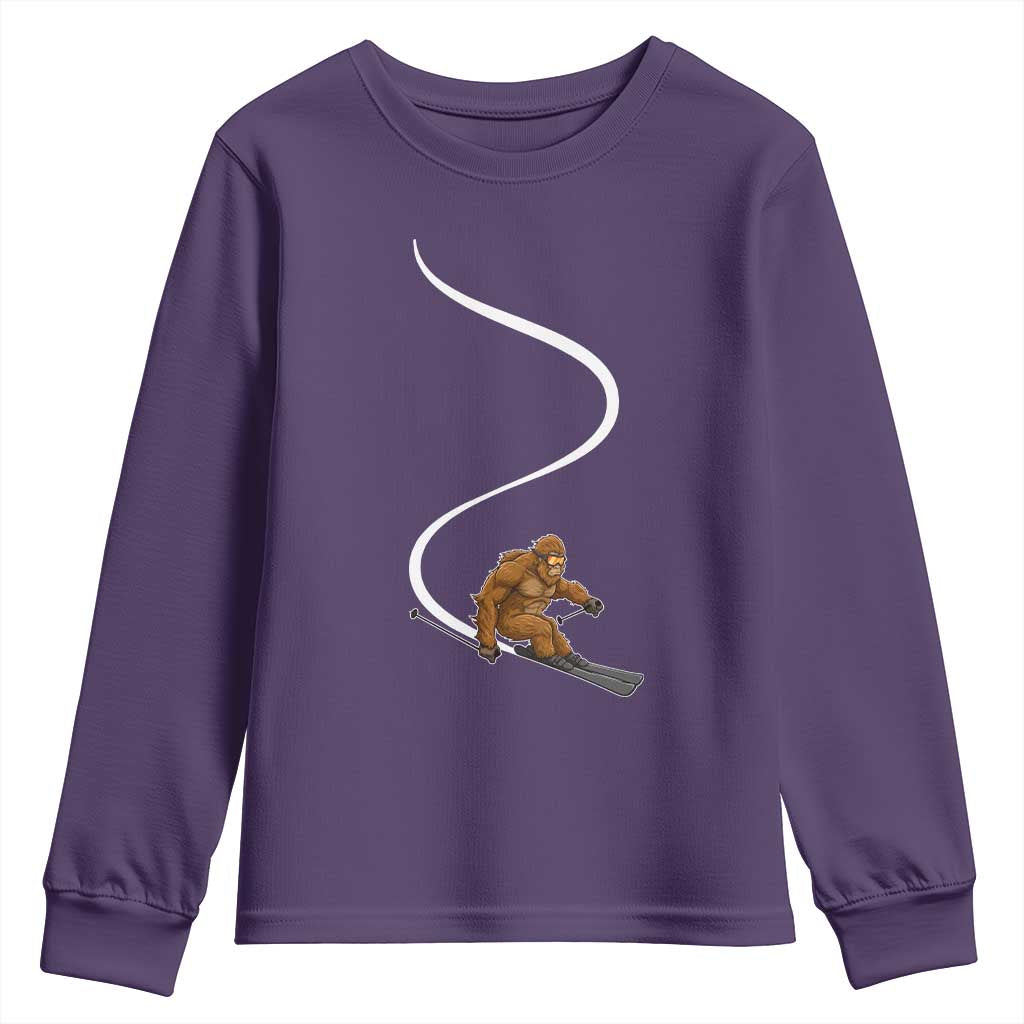 Bigfoot Skiing Youth Sweatshirt Funny Sasquatch Ski Lover Mountain Skier Winter Sports TS10 Purple Print Your Wear