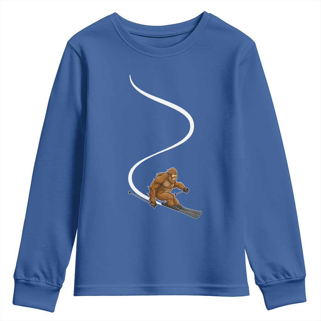 Bigfoot Skiing Youth Sweatshirt Funny Sasquatch Ski Lover Mountain Skier Winter Sports TS10 Royal Blue Print Your Wear
