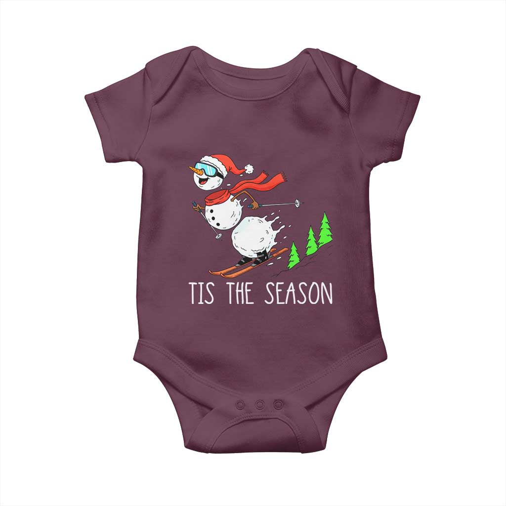 Funny Skiing Snowman Baby Onesie Funny Tis The Season Snow Ski Lover Skier TS10 Maroon Print Your Wear