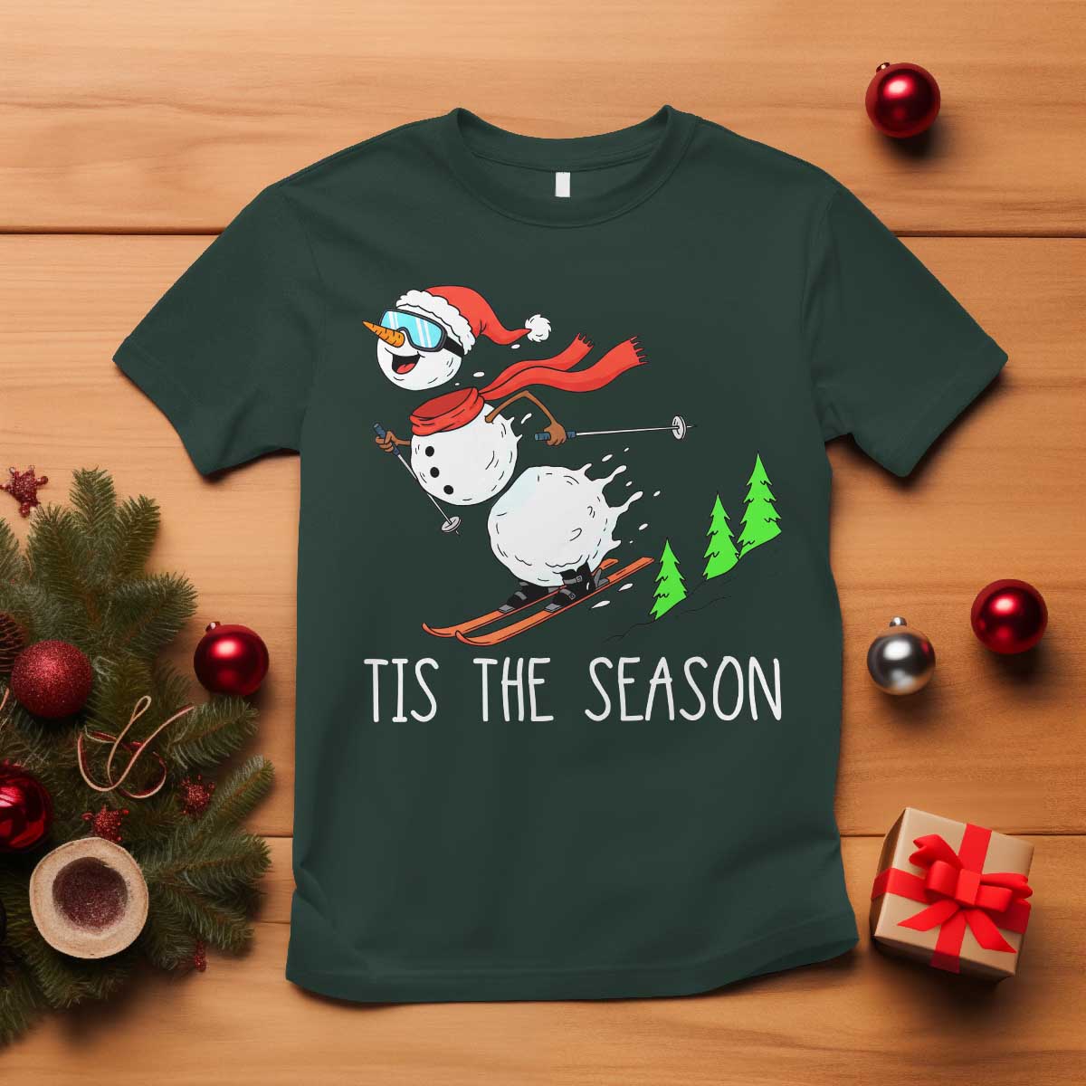 Funny Skiing Snowman T Shirt Funny Tis The Season Snow Ski Lover Skier TS10 Dark Forest Green Print Your Wear