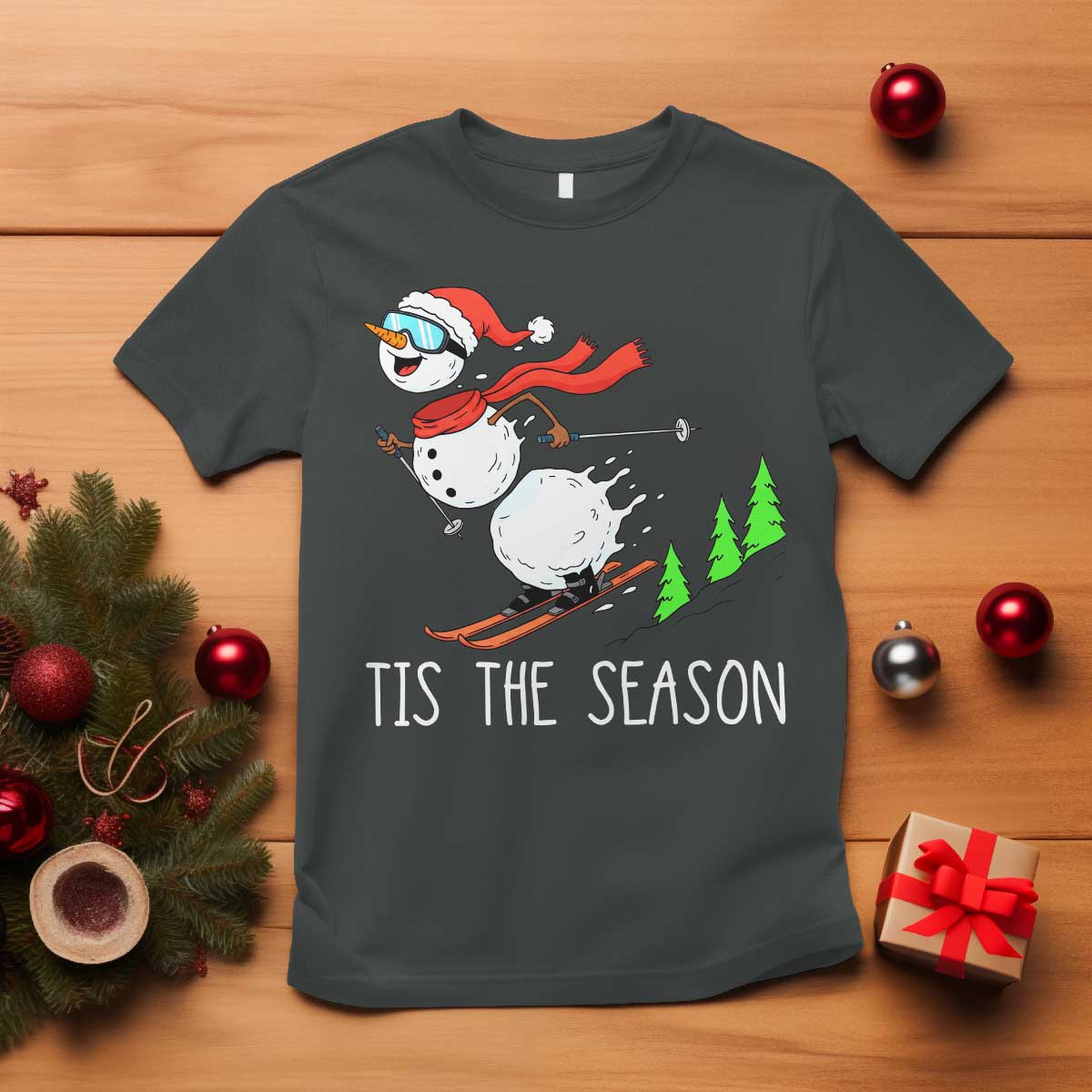 Funny Skiing Snowman T Shirt Funny Tis The Season Snow Ski Lover Skier TS10 Dark Heather Print Your Wear