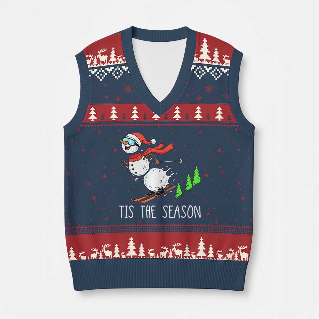 Funny Skiing Snowman V-Neck Knit Sweater Vest Funny Tis The Season Snow Ski Lover Skier TS10 Navy Red Print Your Wear