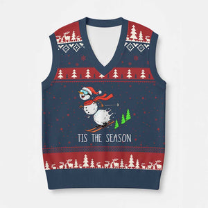 Funny Skiing Snowman V-Neck Knit Sweater Vest Funny Tis The Season Snow Ski Lover Skier TS10 Navy Red Print Your Wear