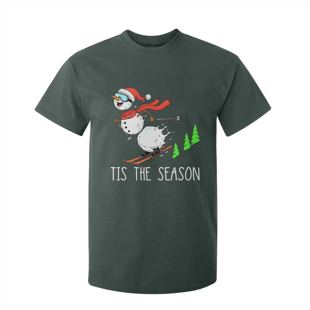 Funny Skiing Snowman T Shirt For Kid Funny Tis The Season Snow Ski Lover Skier TS10 Dark Forest Green Print Your Wear