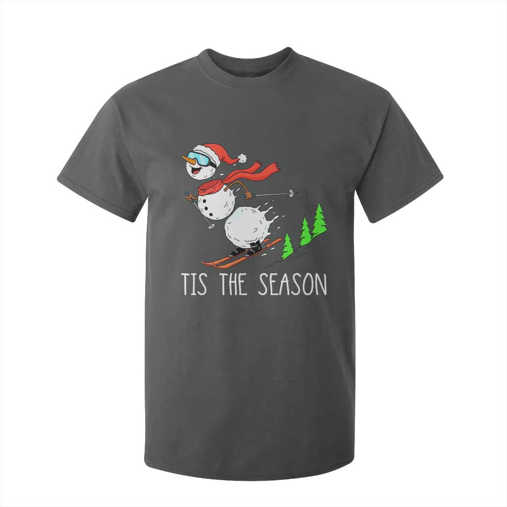 Funny Skiing Snowman T Shirt For Kid Funny Tis The Season Snow Ski Lover Skier TS10 Dark Heather Print Your Wear