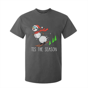 Funny Skiing Snowman T Shirt For Kid Funny Tis The Season Snow Ski Lover Skier TS10 Dark Heather Print Your Wear
