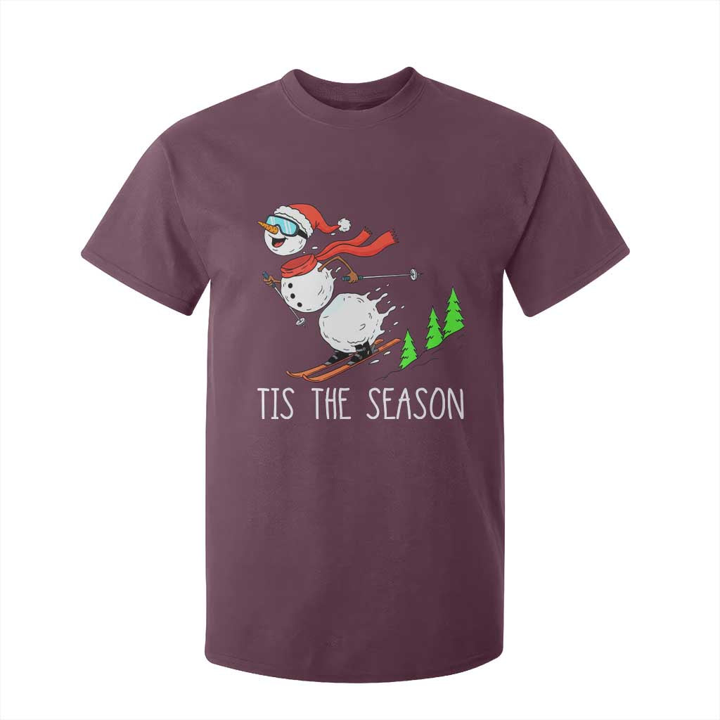 Funny Skiing Snowman T Shirt For Kid Funny Tis The Season Snow Ski Lover Skier TS10 Maroon Print Your Wear
