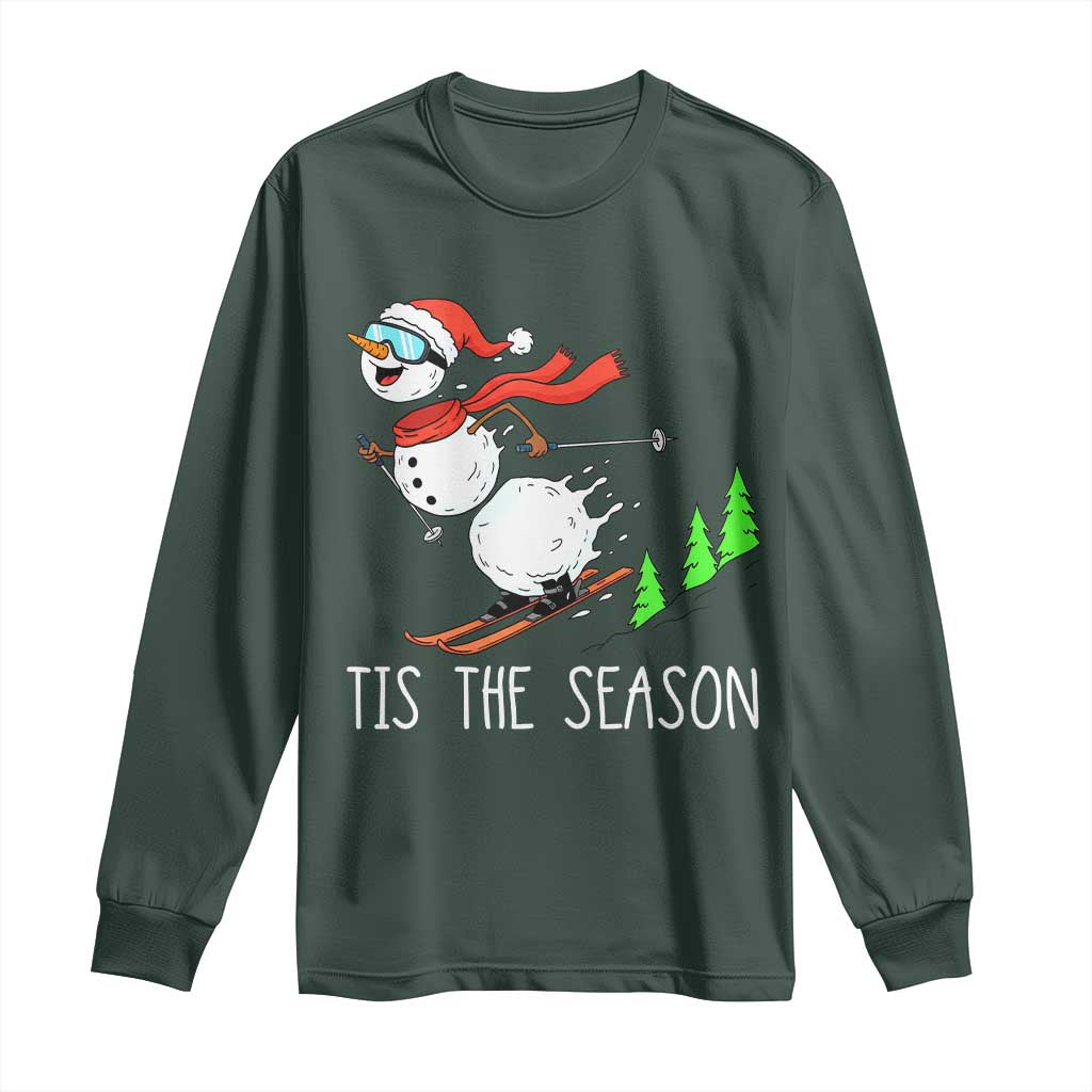 Funny Skiing Snowman Long Sleeve Shirt Funny Tis The Season Snow Ski Lover Skier TS10 Dark Forest Green Print Your Wear