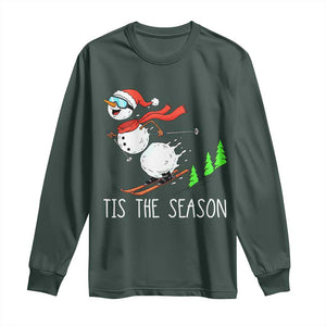 Funny Skiing Snowman Long Sleeve Shirt Funny Tis The Season Snow Ski Lover Skier TS10 Dark Forest Green Print Your Wear