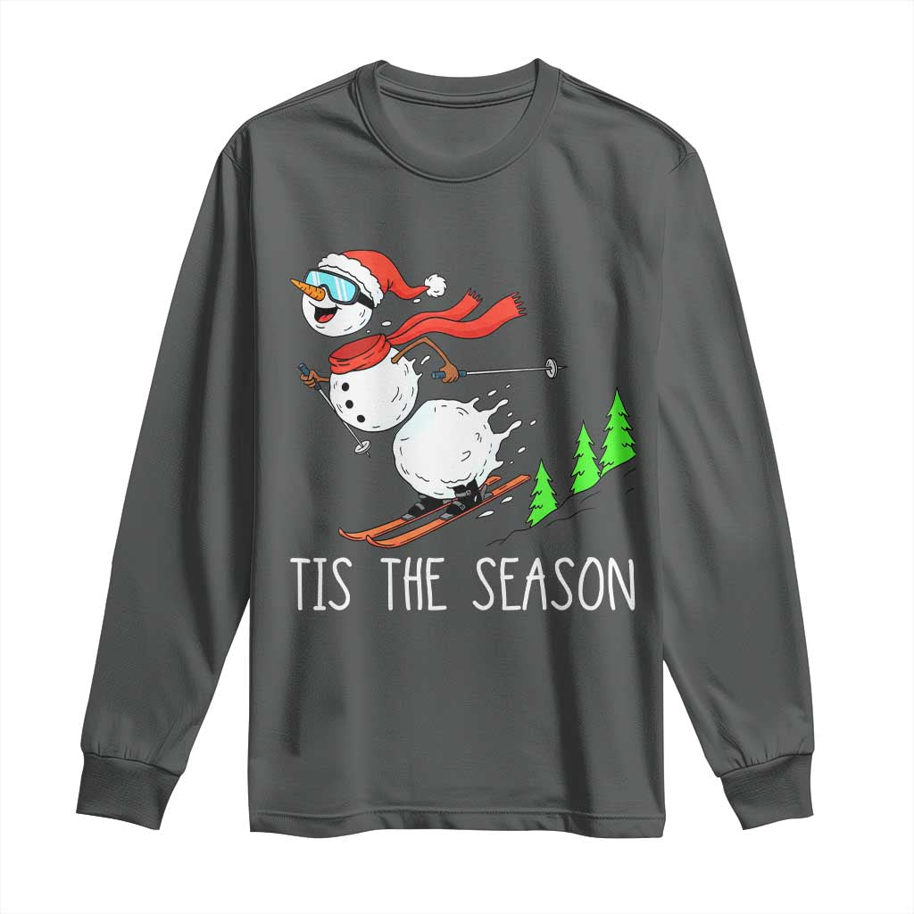 Funny Skiing Snowman Long Sleeve Shirt Funny Tis The Season Snow Ski Lover Skier TS10 Dark Heather Print Your Wear