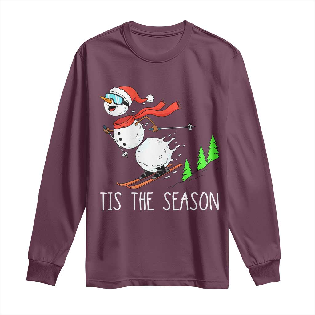 Funny Skiing Snowman Long Sleeve Shirt Funny Tis The Season Snow Ski Lover Skier TS10 Maroon Print Your Wear