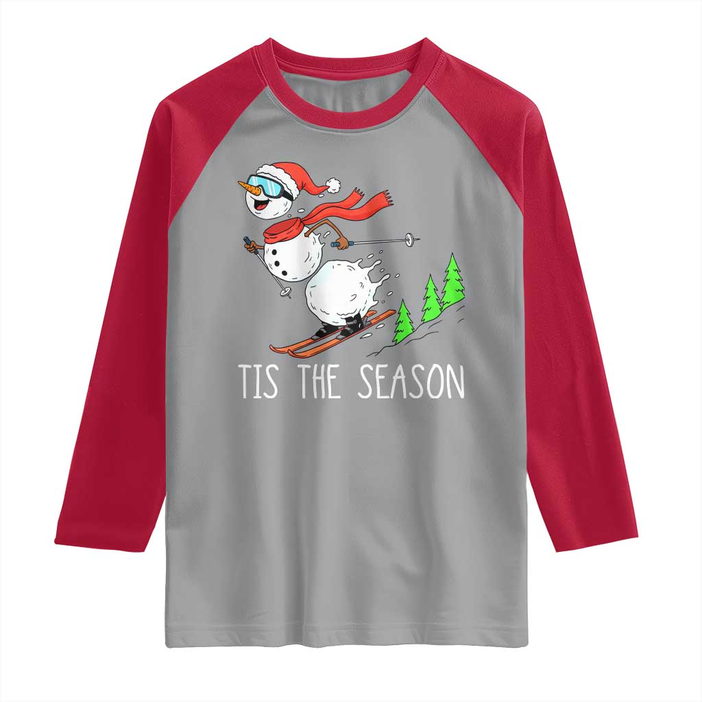 Funny Skiing Snowman Raglan Shirt Funny Tis The Season Snow Ski Lover Skier TS10 Sport Gray Red Print Your Wear