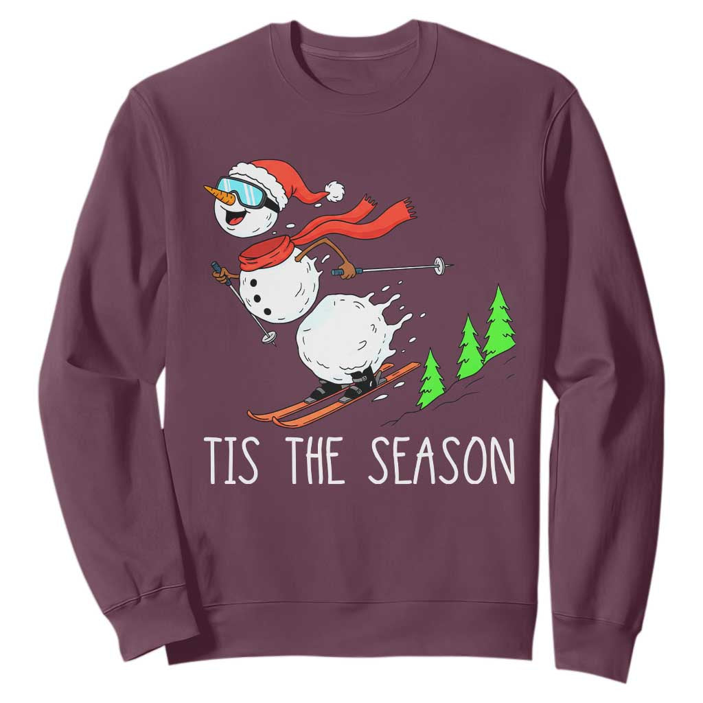 Funny Skiing Snowman Sweatshirt Funny Tis The Season Snow Ski Lover Skier TS10 Maroon Print Your Wear