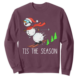 Funny Skiing Snowman Sweatshirt Funny Tis The Season Snow Ski Lover Skier TS10 Maroon Print Your Wear