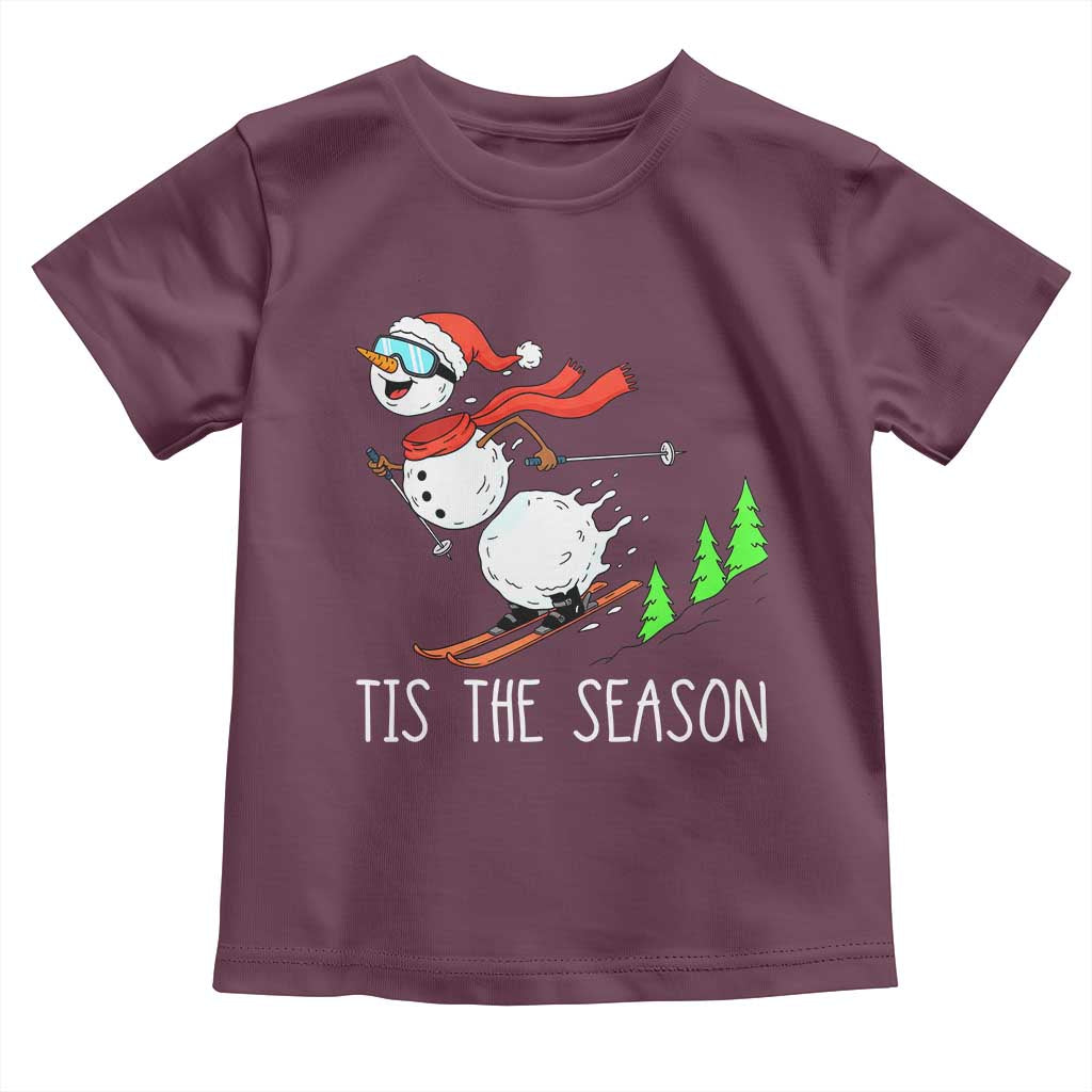Funny Skiing Snowman Toddler T Shirt Funny Tis The Season Snow Ski Lover Skier TS10 Maroon Print Your Wear