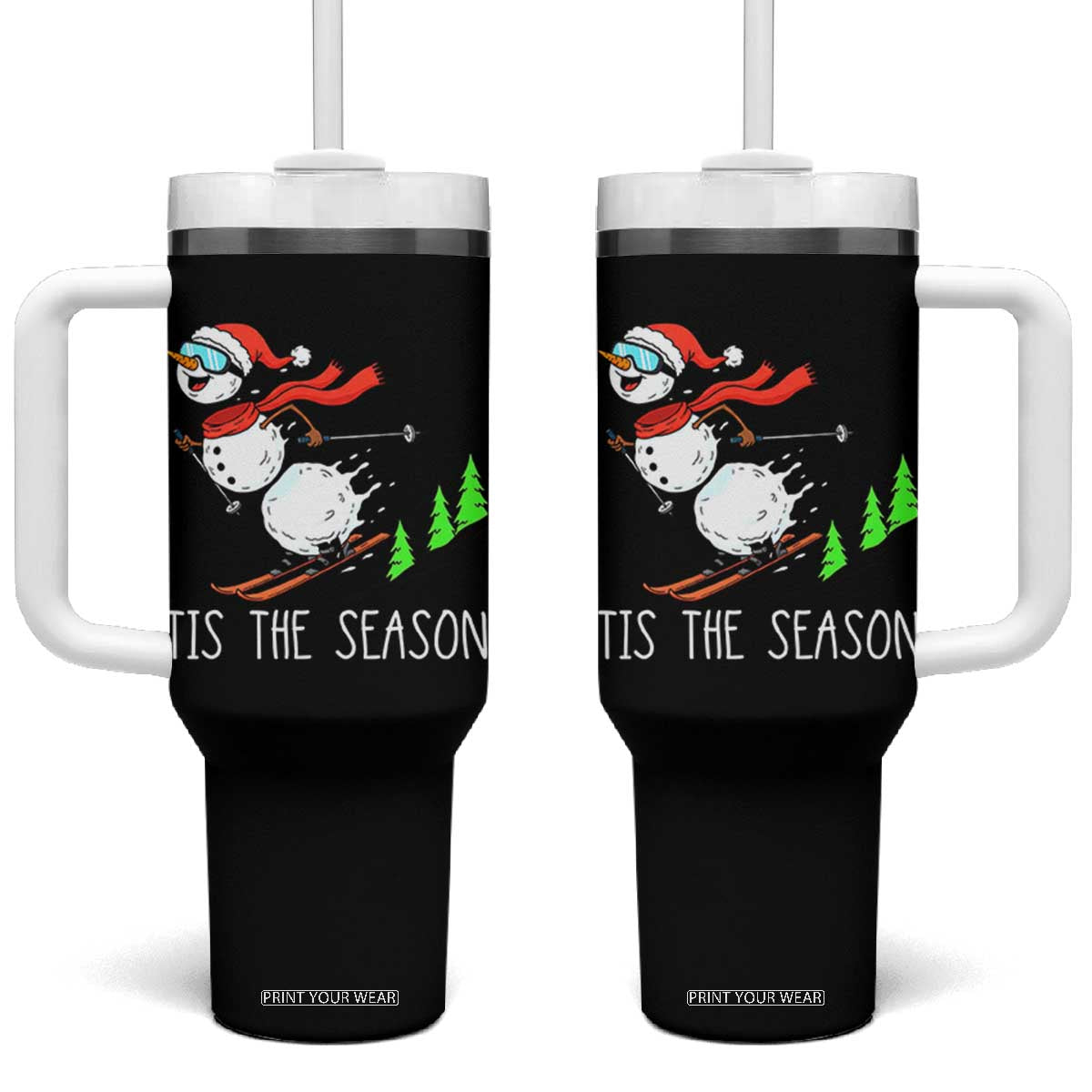 Funny Skiing Snowman Tumbler With Handle Funny Tis The Season Snow Ski Lover Skier TS10 One Size: 40 oz Black Print Your Wear