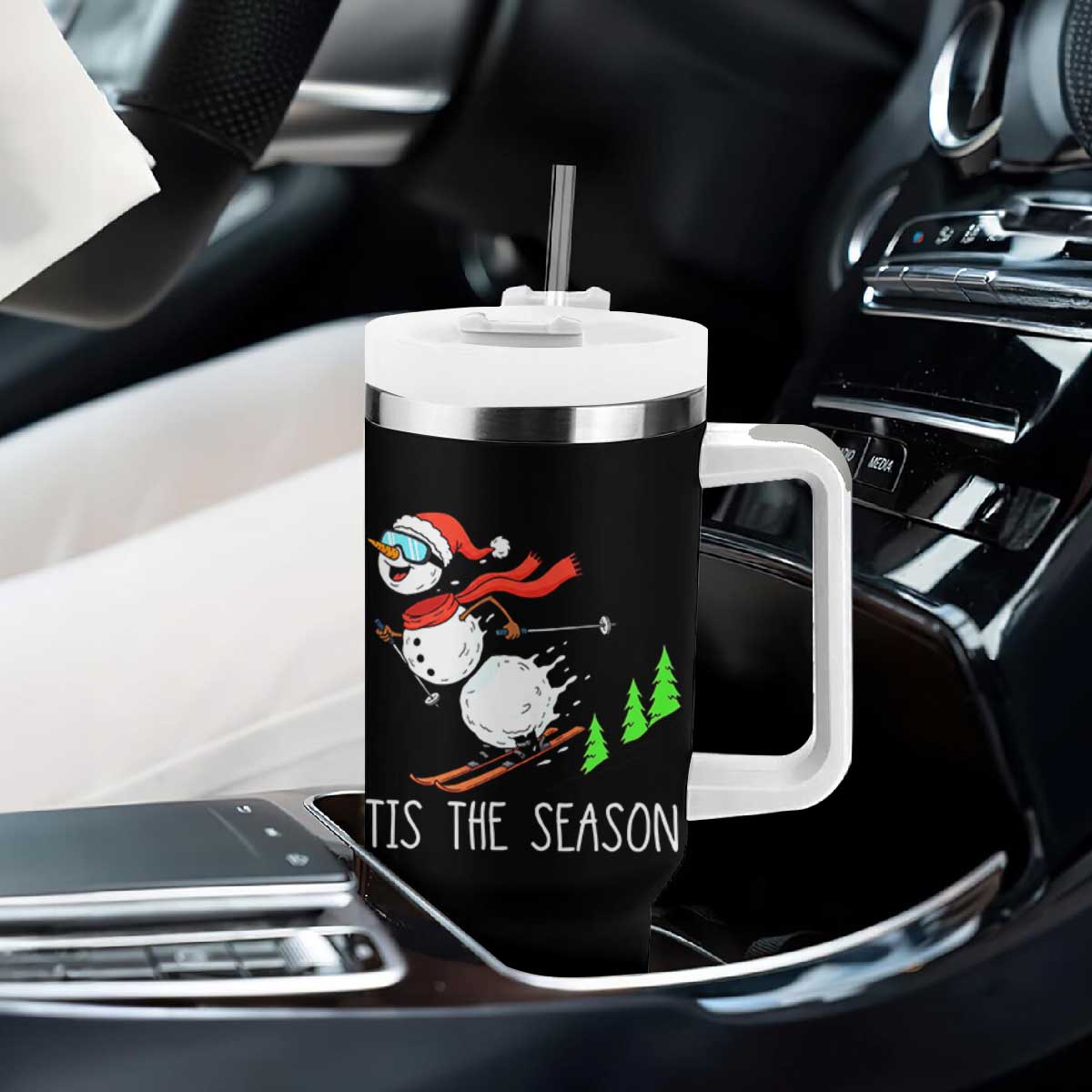 Funny Skiing Snowman Tumbler With Handle Funny Tis The Season Snow Ski Lover Skier TS10 Print Your Wear