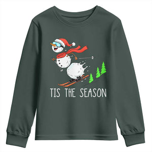 Funny Skiing Snowman Youth Sweatshirt Funny Tis The Season Snow Ski Lover Skier TS10 Dark Forest Green Print Your Wear