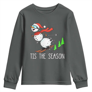 Funny Skiing Snowman Youth Sweatshirt Funny Tis The Season Snow Ski Lover Skier TS10 Dark Heather Print Your Wear