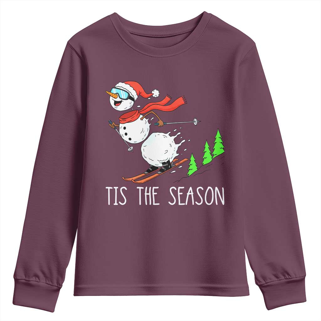 Funny Skiing Snowman Youth Sweatshirt Funny Tis The Season Snow Ski Lover Skier TS10 Maroon Print Your Wear