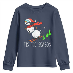 Funny Skiing Snowman Youth Sweatshirt Funny Tis The Season Snow Ski Lover Skier TS10 Navy Print Your Wear