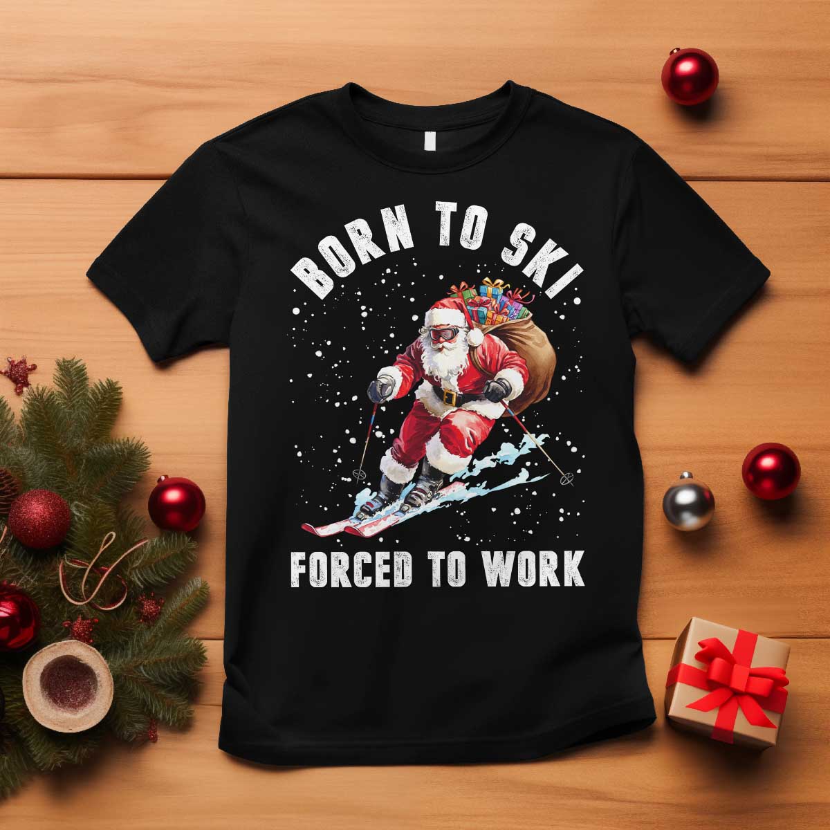 Skiing Santa Christmas T Shirt Funny Born to Ski Forced to Work TS10 Black Print Your Wear