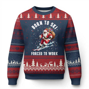 Skiing Santa Xmas Ugly Christmas Sweater Funny Born to Ski Forced to Work TS10 Navy Red Print Your Wear